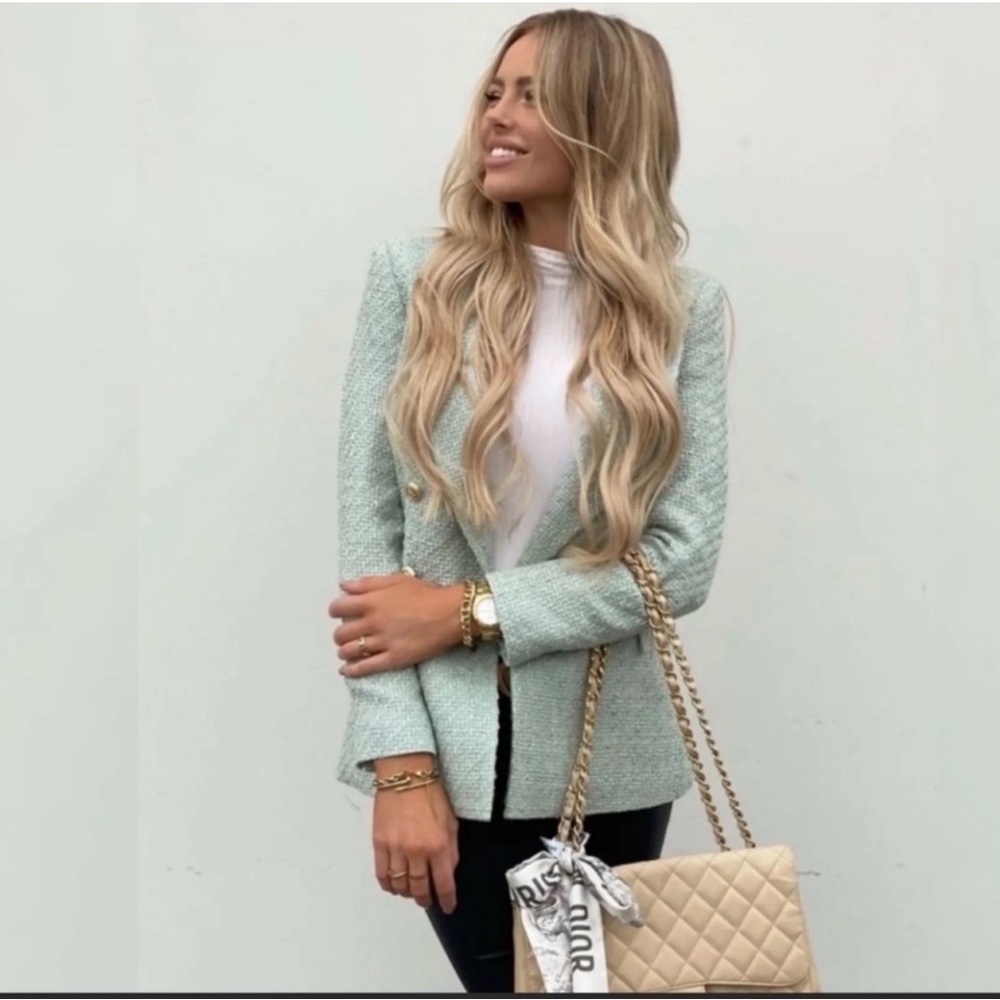 Zara Women's Light Green Tweed Blazer - Picture 5 of 5